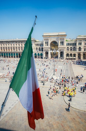 Vittorio Emanuele II monument in Milan - Italy with italian flag