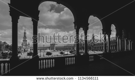 stock-photo-panoramic-monochrome-plaza-de-espana-in-sevilla-spain-built-in-for-the-ibero-american-1134566111